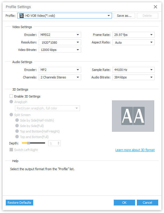 Set VOB profile