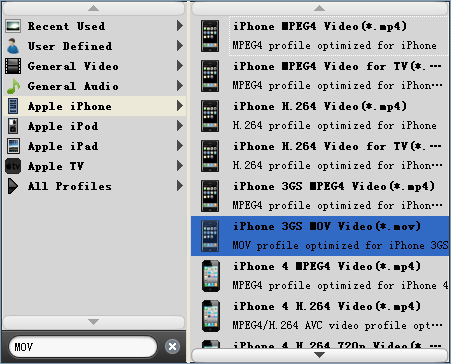 Choose MOV profile