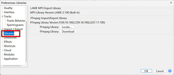 Установите библиотеку FFmpeg в Audacity.