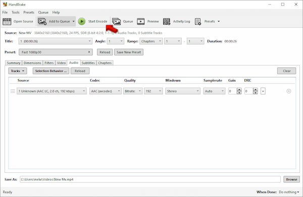 Start Audio Encoding In Handbrake