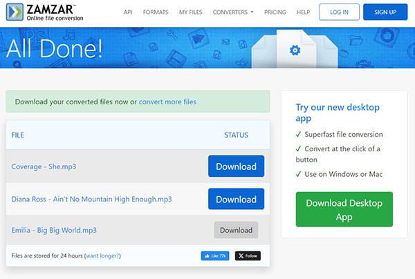 Download MP3 in Zamzar