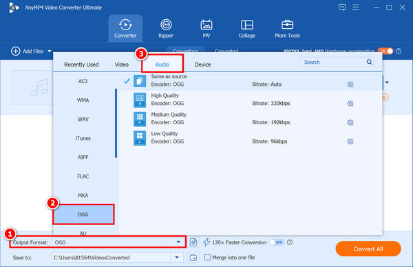 Select Ogg Output Format Anymp4