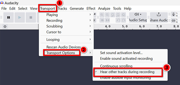 Audacity Transport Recording Options