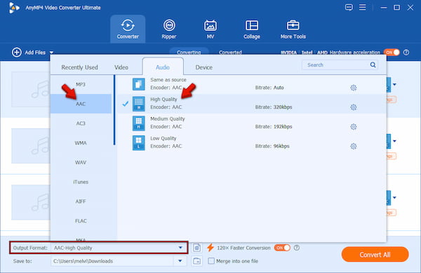 Set Aac As Target Format In Anymp4 Video Converter Ultimate