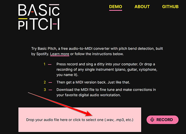 Upload WAV to Basic Pitch