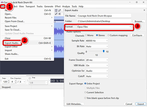 Export OPUS File in Audacity