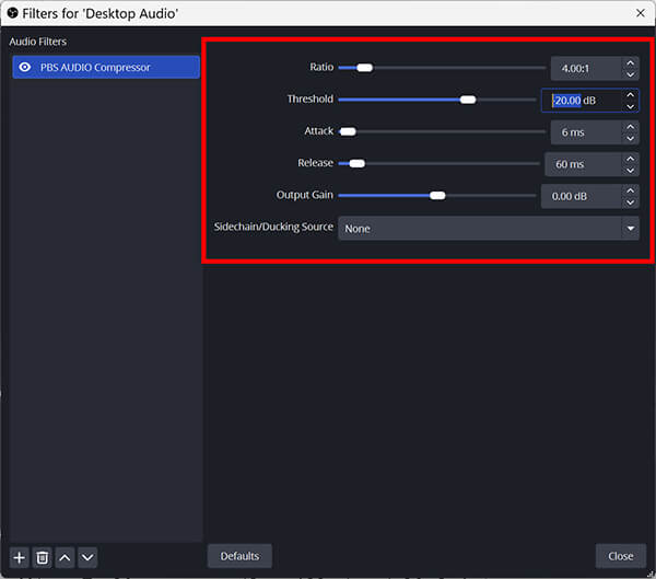 OBS Audio Filter Settings