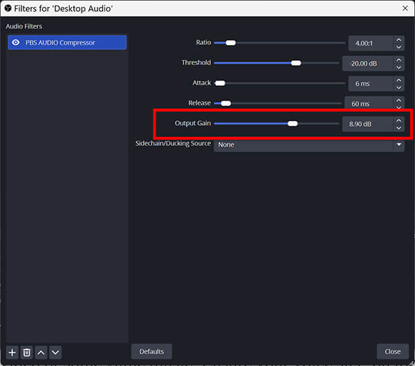 OBS Output Gain Settings