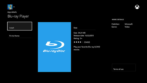Play blu ray on Xbox One