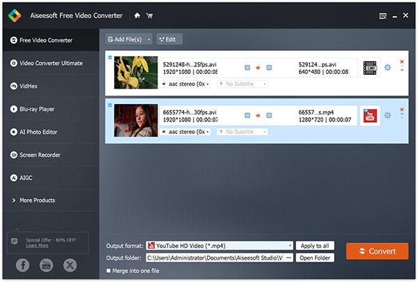 AVI to MP4 in Aiseesoft Free Video Converter