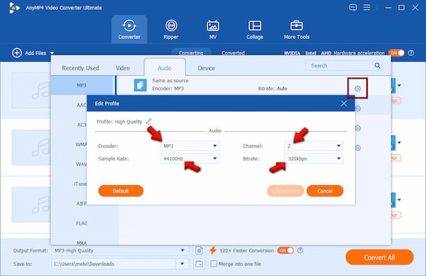 Configure as definições de áudio no Anymp4 Video Converter Ultimate.