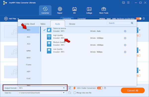 Defina MP3 como formato de destino no Anymp4 Video Converter Ultimate.