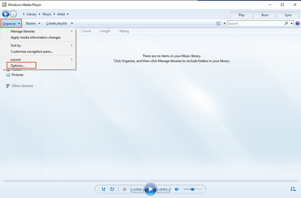 Opzioni di Windows Media Player