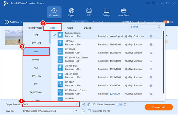 Select Mov Output Format Anymp4