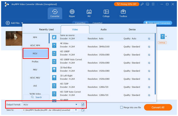 Anymp4 Video Converter Ultimate Output Mov