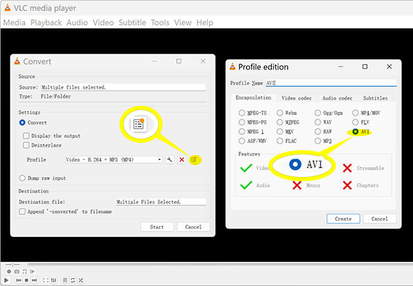 Create AVI Profile in VLC