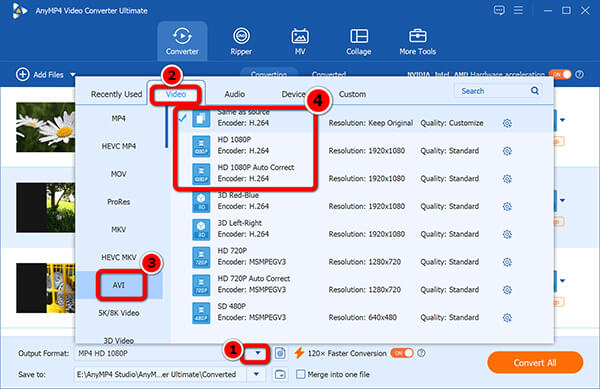 Select AVI Output in AnyMP4