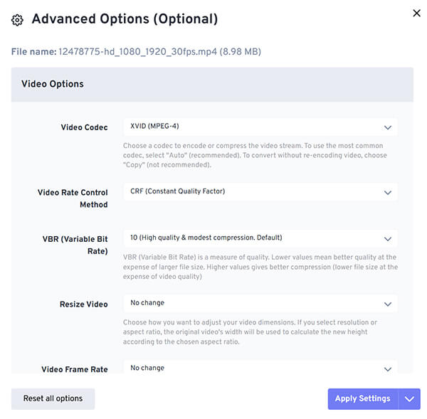 Select AVI Output in FreeConvert