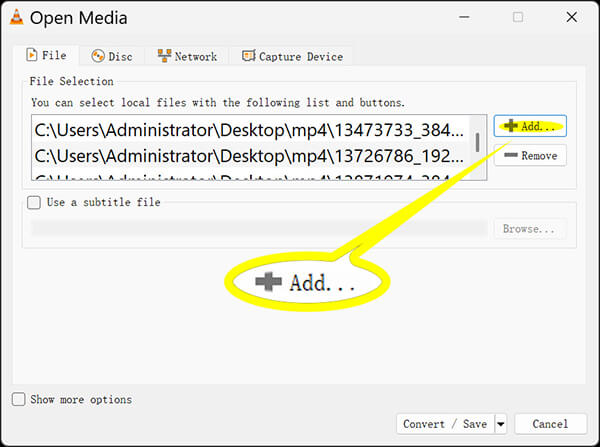 VLC добавляет файлы mp4