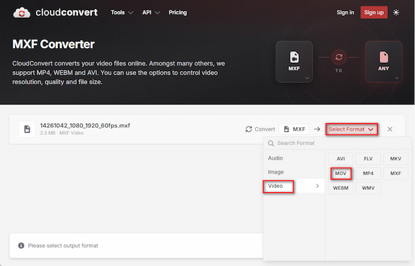 CloudConvert Choose MOV Output