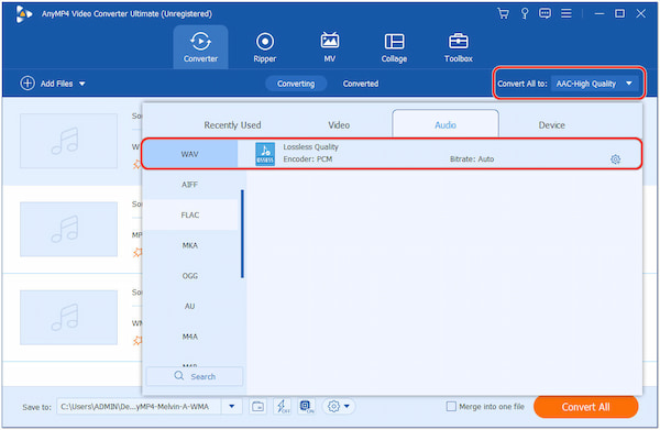 Seleziona WAV come output