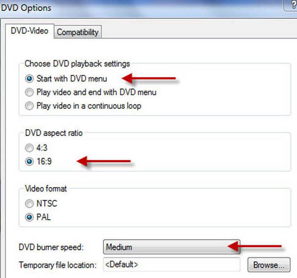 Definir parâmetros de DVD