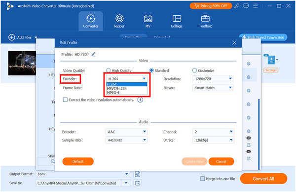 AnyMP4 Video Converter Ultimate 更改編碼器