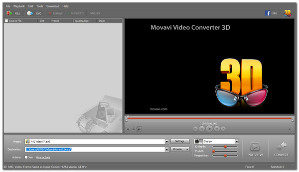 Interface inicial do conversor de vídeo 3D Movavi