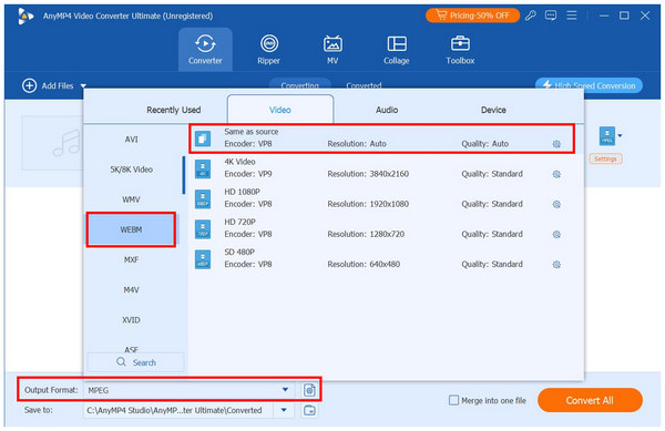 Anymp4 Video Converter Ultimate Output Webm