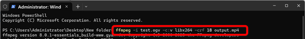 OGV konverziós parancssor bevitele az FFmpeg-ben