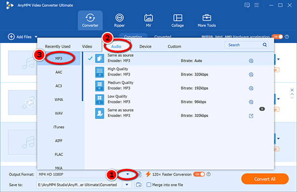 Wyjście audio MP3 w programie Anymp4 Video Converter Ultimate