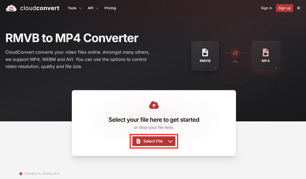 Navegue até Cloudconvert e selecione Arquivo RMVB.