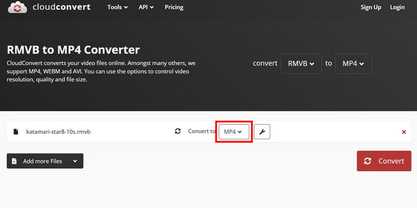 Selecione o formato de saída MP4 no Cloudconvert