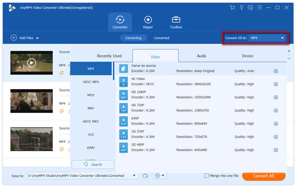 Select MP4 as the output format