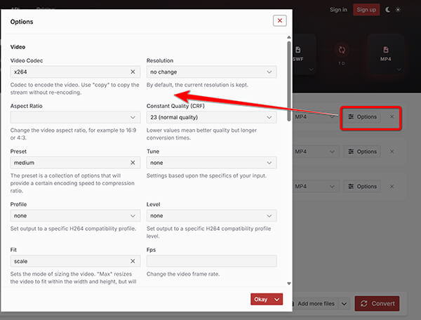 Modificare i parametri di output MP4 in Cloudconvert