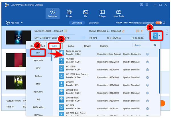 Genera un file MP4 per ogni file SWF.