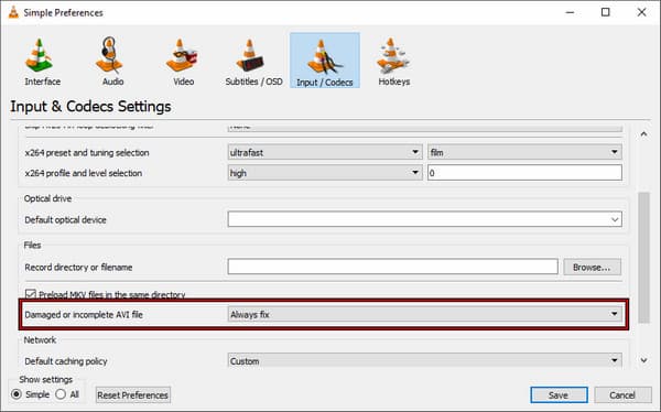 Ota automaattinen Avi-korjaus käyttöön VLC:ssä