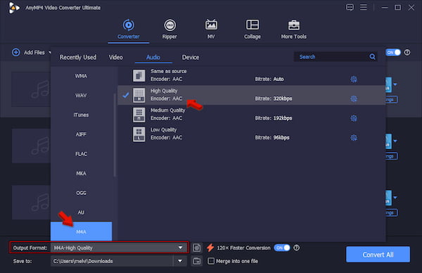 Set M4a As Target Format In Anymp4 Video Converter Ultimate