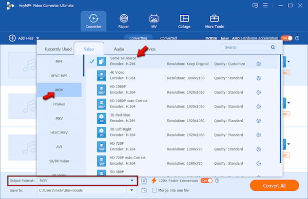 Set Mov As Target Format In Anymp4 Video Converter Ultimate