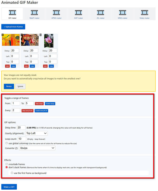 GIF beállítások kiválasztása az Ezgifben