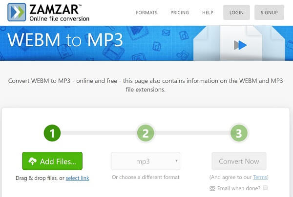 Zamzarin WebM to MP3 Converter