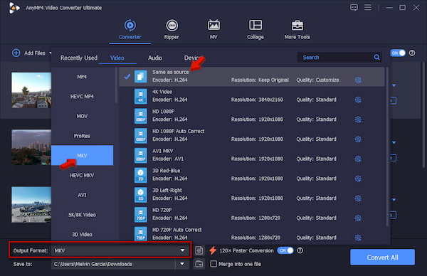 在 AnyMP4 影片轉換器終極版中將 MKV 設定為目標格式