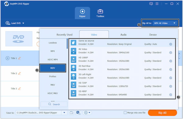 Seleziona MOV come formato di output