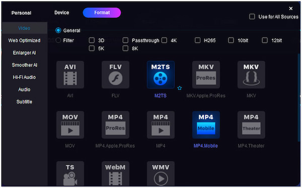 Selecione MPG no seletor de perfil