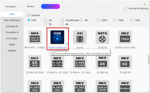 Select VOB in Profile Window