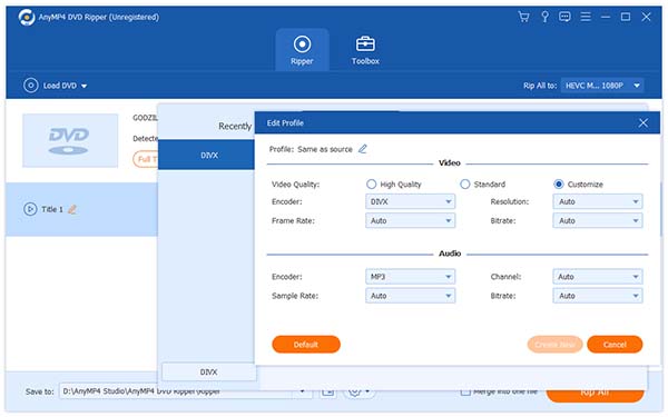 Nastavit profil DivX