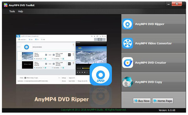 AnyMP4 DVD Toolkit includes AnyMP4 DVD Ripper, AnyMP4 Video Converter, AnyMP4 DVD Creator and AnyMP4 DVD Copy. The toolkit can help you convert video and audio into many formats, create DVD with other videos and back up DVD.