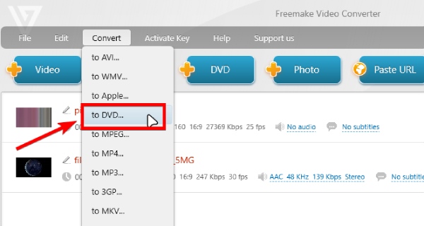 Válassza a Konvertálás DVD-re lehetőséget a Freemake alkalmazásban