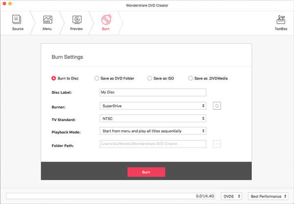 Burn DVD in Wondershare DVD Creator