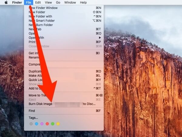 Disk Görüntüsünü Yaz Mac OS x Dosya Menüsü